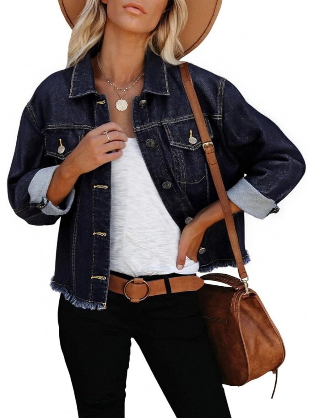 Women’s Navy Blue Washed Button Down Cropped Frayed Stretch Shacket Jean Jacket